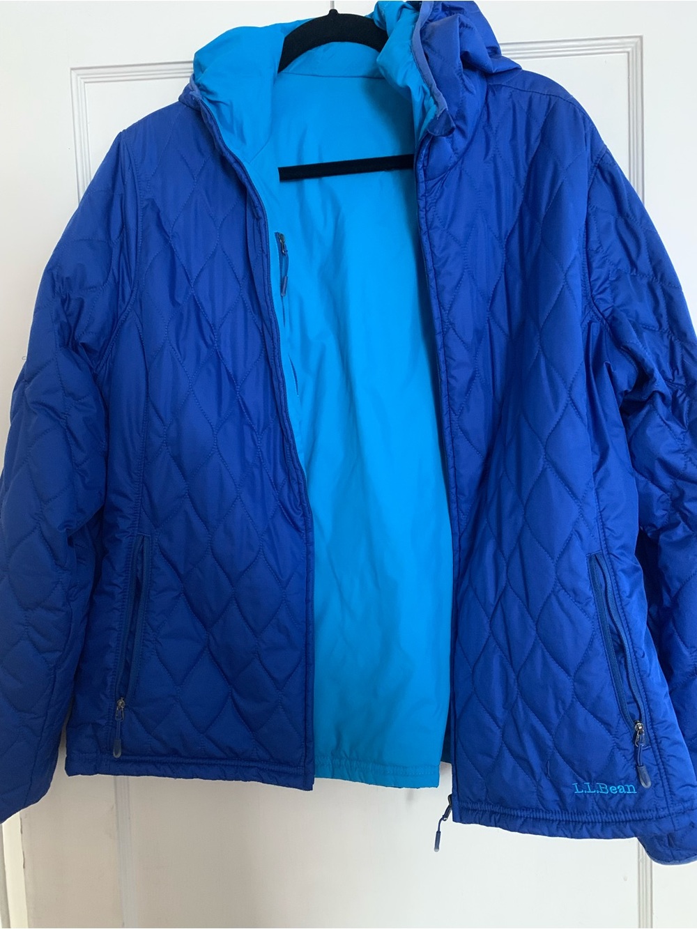 LL Bean reversible puffer jacket/ smooth in Cobalt Blue and Turquoise XL